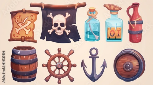 Illustration of pirate game symbols, including cartoon flag with jolly roger skull, spyglass, anchor, rum flask, steering wheel and wooden barrel.