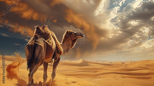 A camel walking in the desert, a magical fantasy world, in the desert, wild sand flight, desert, sandstorm dramatic. Generative AI.