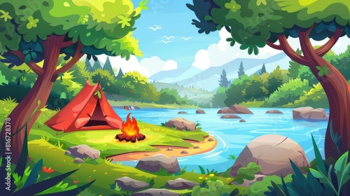 Camp fire with tent on rivercoast. Modern illustration of countryside landscape with trees, green grass, lake, and campsite with backpack and bowler on fire.
