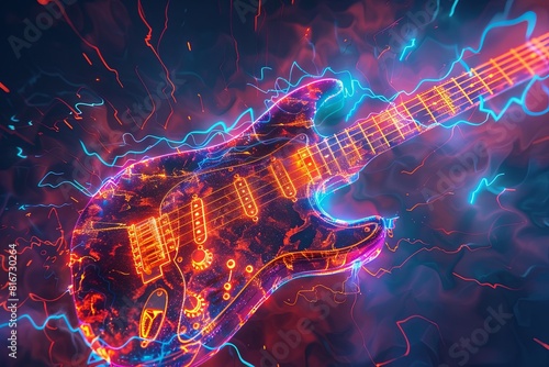 electric guitar made of jagged, neon shapes, set against a backdrop of abstract sound waves and lightning bolts, capturing the essence of rock.