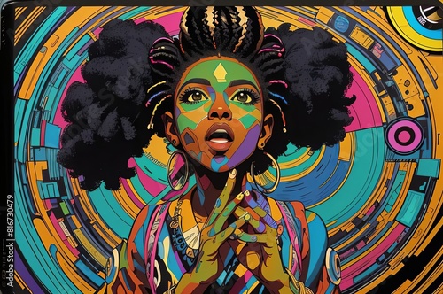 Funky Afro girl on Bold, geometric patterns with metallic and neon colors representing the groovy essence of funk music, with abstract bass guitars and vinyl records.
