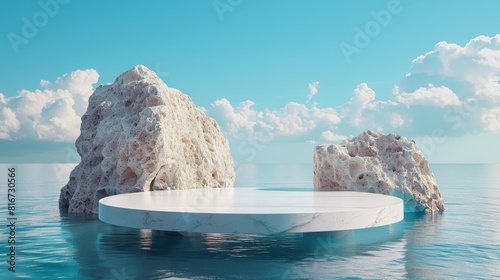 Podium for Product Presentations in the Sea: Decorated with Porous Stones