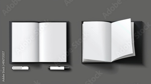 Open and closed empty notebooks. Modern illustration of a paper book with blank white pages isolated onto a transparent background. Mockup of a product catalog. Private diary template.