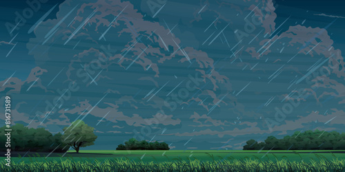 Raining in countryside rice fields landscape flat design graphic vector illustration have blank space.