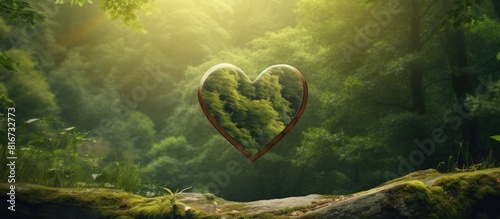 A sign in the shape of a heart with room for greetings against a backdrop of lush green scenery. with copy space image. Place for adding text or design