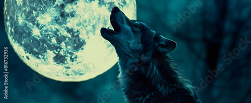 Wolf howls at the glowing moon close up. silhouette of howling wolf against dark toned foggy background and full moon or Wolf in silhouette howling. 