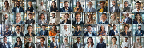 Mosaic collage of male businessmen and female businessmen of multiethnic face and different ages, portraits of successful people smiling at the camera