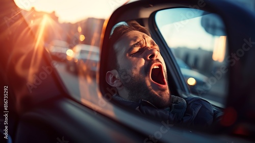 A tired man yawns while driving his car