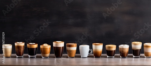 A copy space image showcasing various coffee types like latte espresso mocha and cappuccino presented in a range of cups and containers with different styles