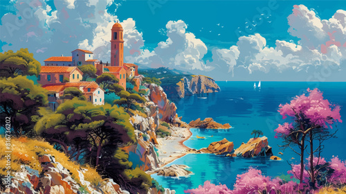 Corsican landscape's brightly poster vector illustration
