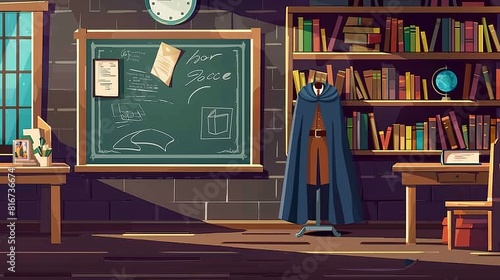 Teachers desk, green chalkboard, bookcase, bulletin board, cloak and cloaks. Study room furniture, modern cartoon illustration.