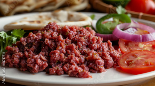 Authentic african dish kitfo, finely diced raw beef seasoned with spices, served with vegetables and flatbread on a wooden table