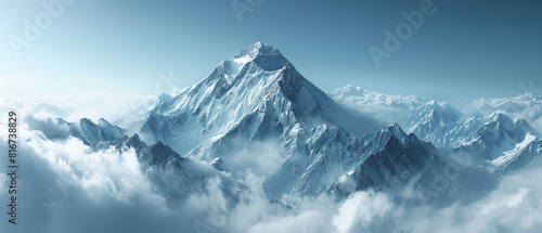 Very modern nature background wallpaper, backdrop, texture, Mount Everest and snowy himalaya mountain environment isolated. Sunny, bright, early afternoon, clear blue sky, valley
