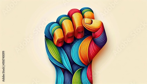 Colorful raised fist of flowing lines symbolizing strength and unity on a light backdrop