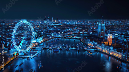 Technical visual, 3D LiDAR GIS aerial map scan isolated against black background, showing London city centre, UK, London Eye, Big Ben and Westminster. Elevation, topography, blue render