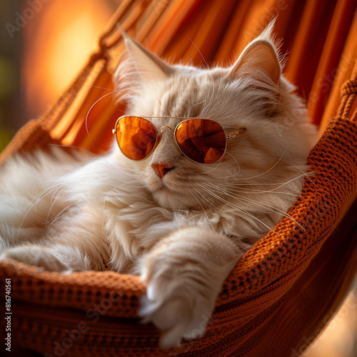 Portrait of an adorable white cat in reflective stylish sunglasses lying on an orange hammock on orange background, cozy lazy life of a cat