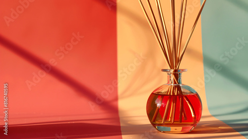 Composition with reed diffuser on color background