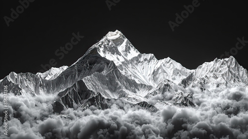 Technical visual mountain 3D LiDAR GIS aerial map, Mount Everest and Himalayas mountains scan isolated against dark black background. Mountainous, model, 3D. Mapping, elevation, topography
