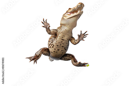 A playful crocodile jumping on a trampoline, surrounded by confetti and balloons, isolated on transparent background, png file