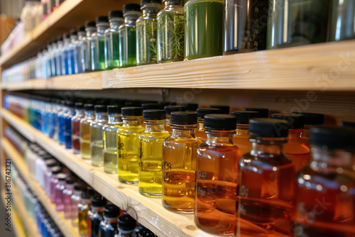 Shelves filled with vials of colored essential oils