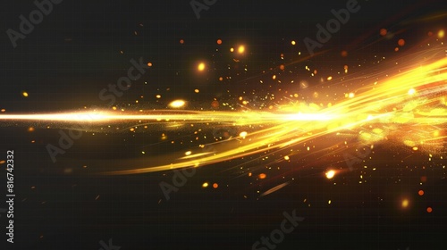Fire sparks and light lines on abstract yellow tracks, metal welding or steel cutting, isolated on transparent background, modern realistic illustration.