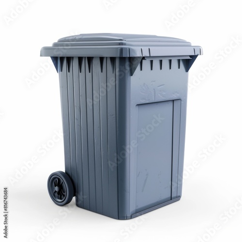 A gray trash can on wheels against a white background