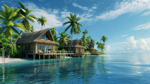 Photo of a Tropical Island With Palm Trees and Thatched Cottages