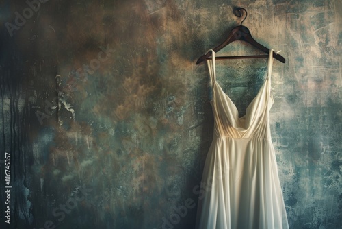 A graceful ivory wedding dress elegantly hanging on a rustic wooden hanger against a minimalist backdrop