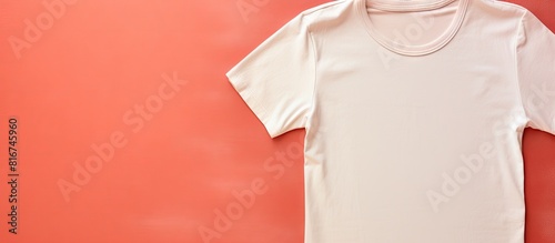 Top view of an undershirt with a deodorant stain on a coral background providing space for text in the image. with copy space image. Place for adding text or design