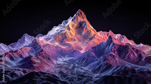 Technical visual mountain 3D LiDAR GIS aerial map, K2 and karakoram mountains scan isolated against dark black background. Mountainous environment. Mapping, elevation, topography, pink