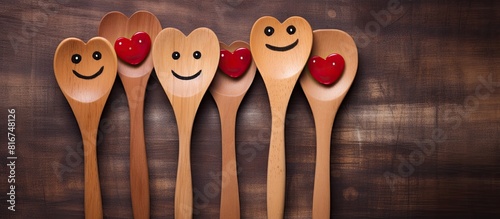 Top view of kitchen wooden spoons with smile and heart on dark brown cutting board accompanied by a red napkin on a wooden table Copy space image