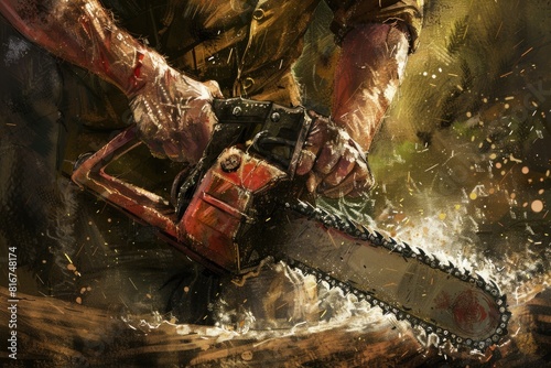 A man holding a chainsaw. Suitable for horror or Halloween themes
