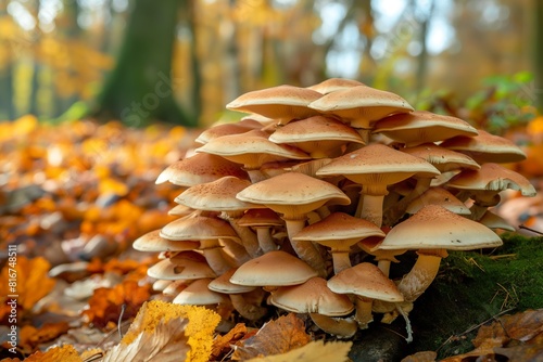 Group of mushrooms growing on the ground in a forest setting.