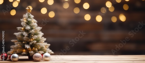 Christmas themed pine tree placed on a wooden desk offering ample copy space for festive decorations