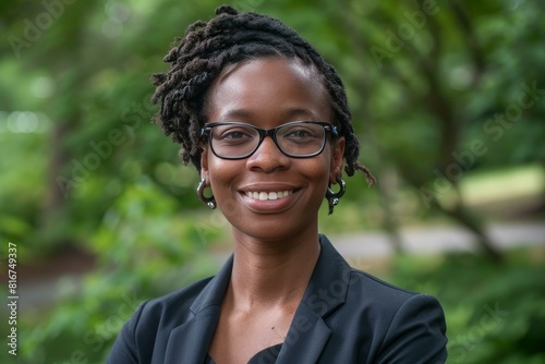 Confident young african descent businesswoman wearing stylish black business attire and eyeglasses. Smiling and looking professional. Outdoors in a nature park. Surrounded by greenery and fresh air