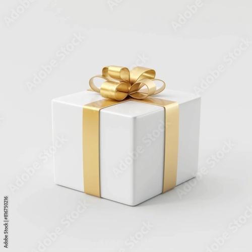 White gift box with gold ribbon isolated on a plain white background