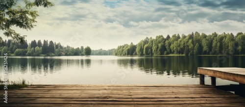 An idyllic rural scene showcasing a picturesque forest river lake with a wooden pier glistening water surface and the rustic texture of wood This serene landscape embodies nature ecology ecotourism h