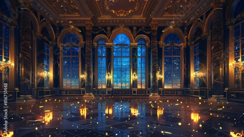 An interior design of a dark ballroom with large windows, many stars in the late night sky, sophisticated floor, marble columns, and golden chandeliers. An illustration of an interior design for a