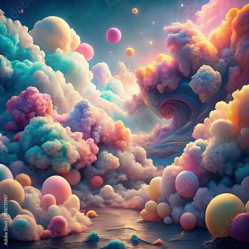 Whimsical artistry where abstract shapes mingle harmoniously with soft, pastel-hued clouds.
