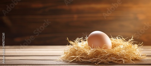 A copy space image featuring an egg placed on a bed of hay situated on top of a wooden surface