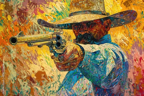 A man in a cowboy hat holding a gun. Suitable for western themes