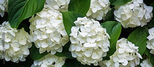 A close up image of white treelike hydrangea flowers with a backdrop of dark green foliage Perfect for adding text. Copyspace image