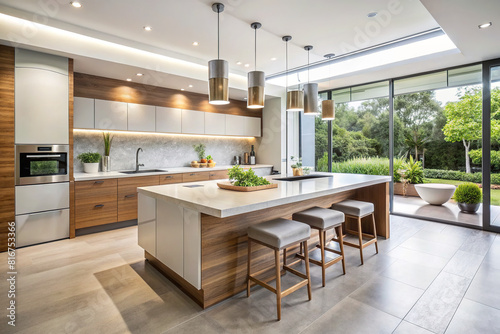 This contemporary kitchen showcases a seamless integration of modernity and functionality, enhanced by a minimalist design and ample natural light