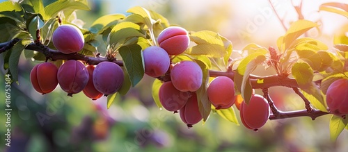 A close up image of a plum tree with ripe fruits growing on its branches creating a beautiful and vibrant backdrop for a fruit orchard farm Copy space image