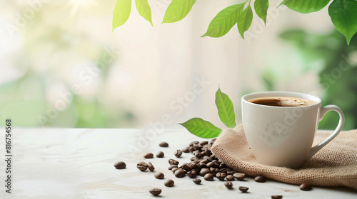 Cup of hot coffee and beans on light background