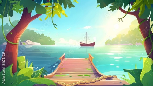 Boat in jungle forest with wooden pier. Sea dock bridge with liana on tree near river. Wood wharf with beautiful sun beam above ocean water. Ship on rope near pontoon illustration.