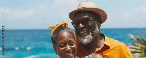 Joyful senior couple embracing on tropical beach