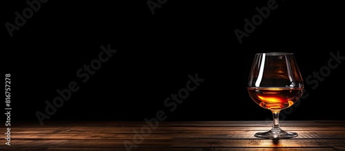 A copy space image of cognac or brandy placed on a vintage wooden table against a black backdrop