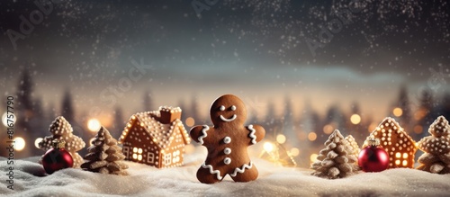 Christmas New Year or Noel holiday festive winter greeting card with star gingerbread and lights. copy space available