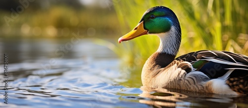 Male mallard duck with a shallow depth of field and copy space